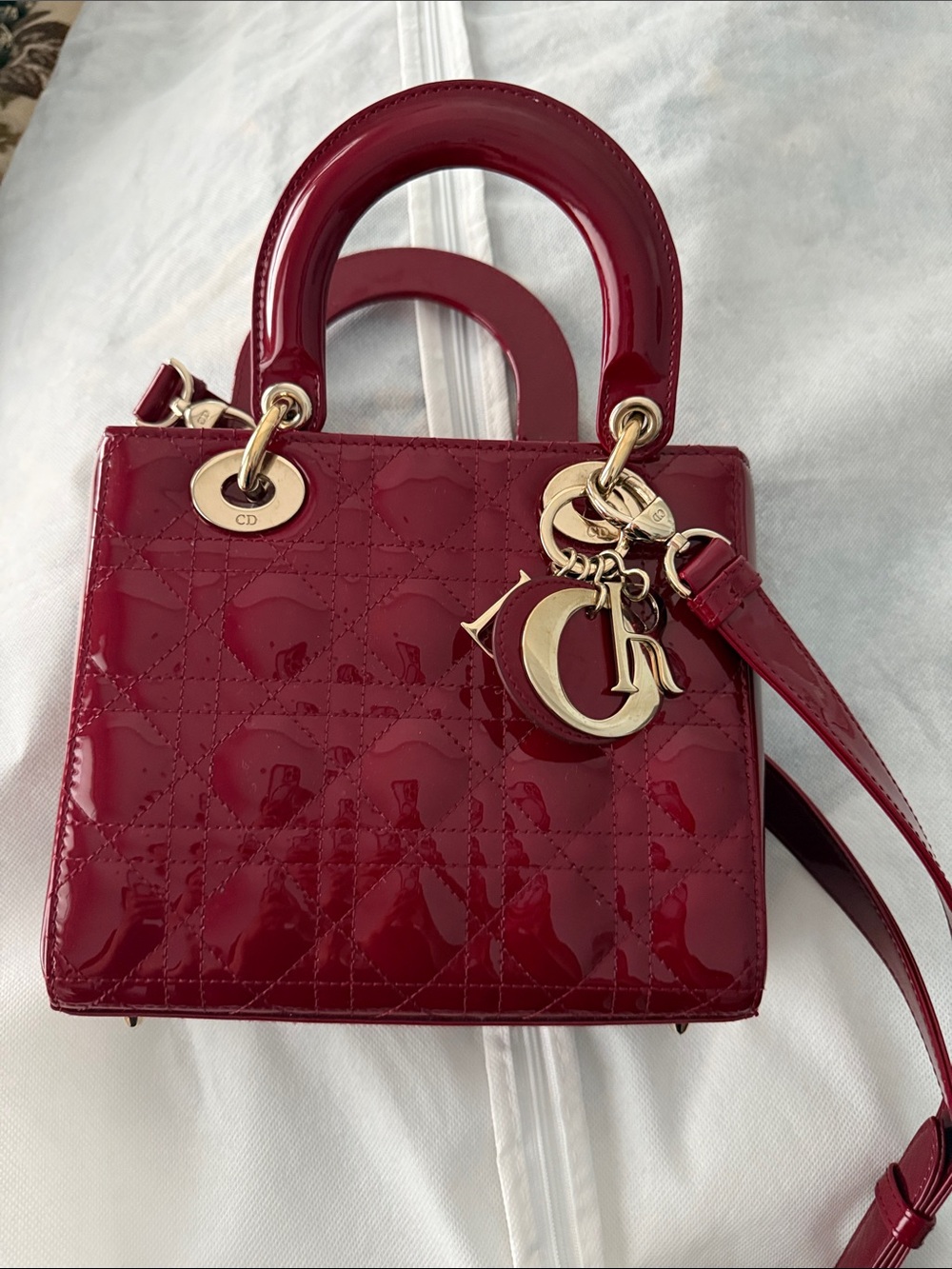 Dior Burgundy Patent Leather Lady Dior Mini Satchel with Gold Hardware
